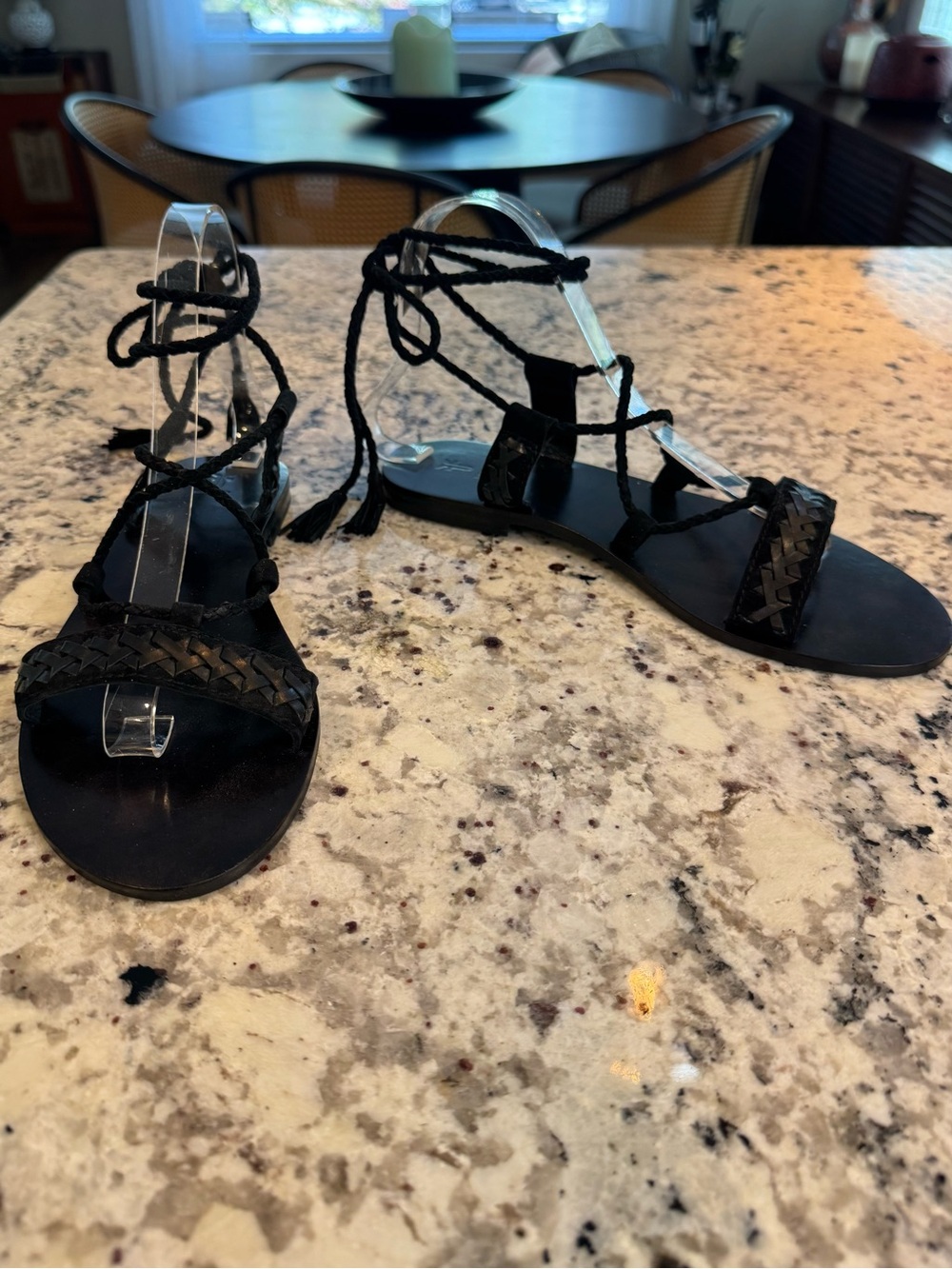 Frye Ruth Whipstich black ankle lace up leather gladiator sandals.
